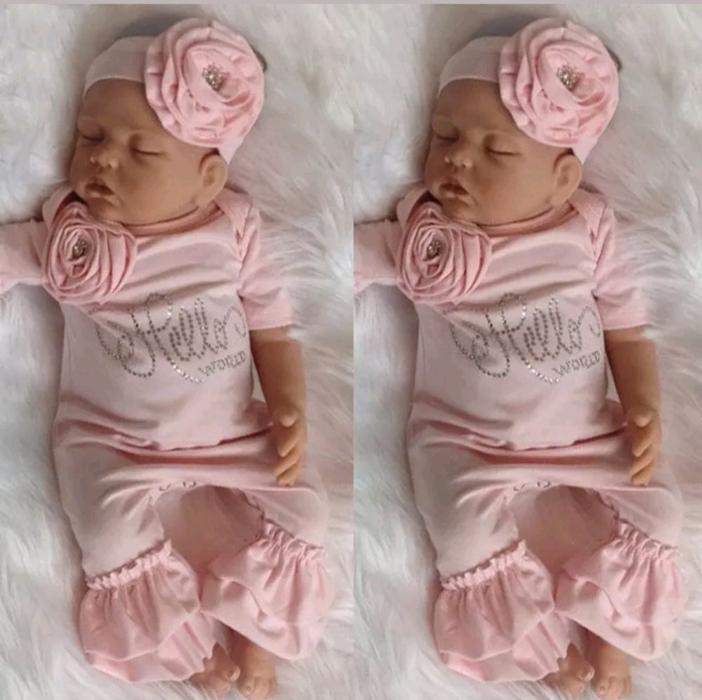 "Hello World " 3pc set bell bottoms & Headband bow